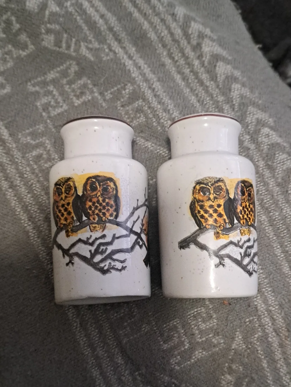 Vintage Speckled Owl Ceramic Salt and Pepper Shakers - White and Brown